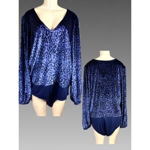 Torrid Blue Leopard Animal Print Velvet Long Sleeve Bodysuit Deep V-Neckline +3X